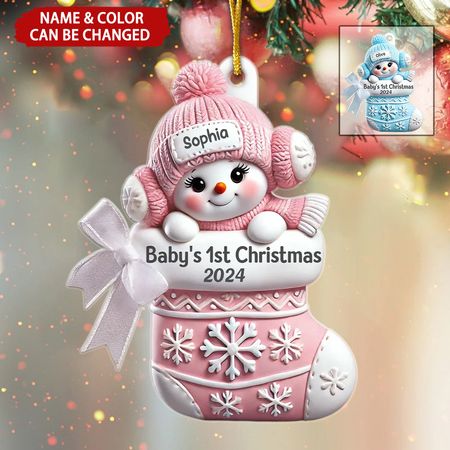 3D Effect Snowbaby On Stocking Baby's 1st Christmas Keepsake Personalized Acrylic Ornament